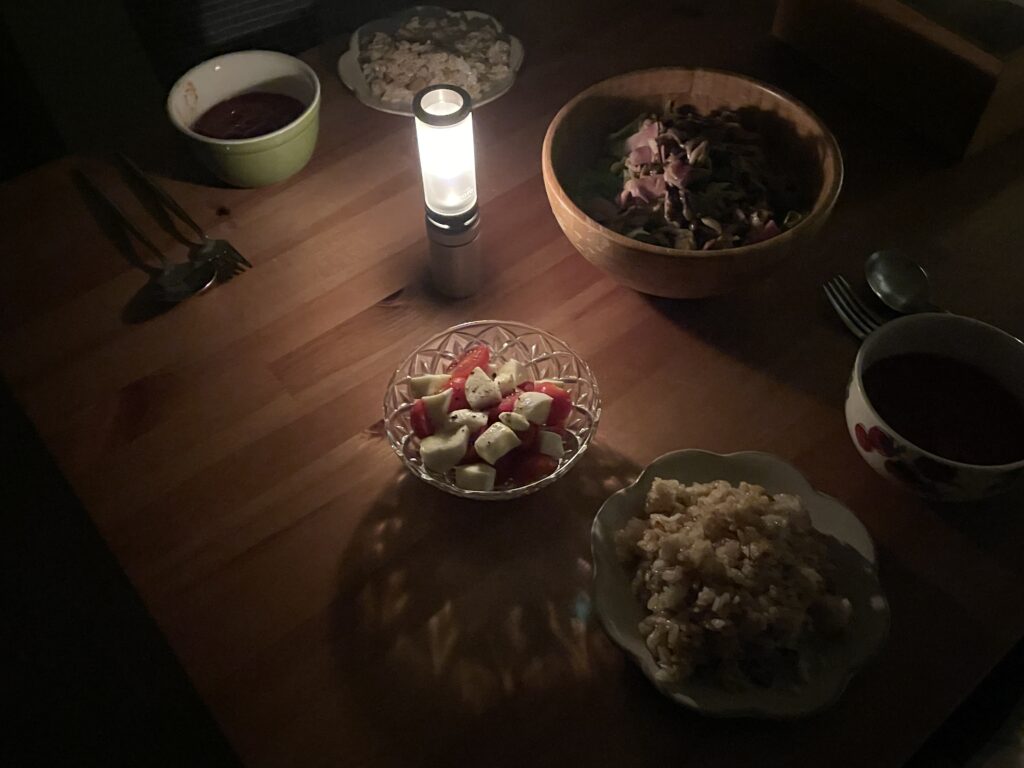 晩ごはん、Hinotoの明かりだけで、照らしたときの写真。
明るさを確認してもらうための画像。